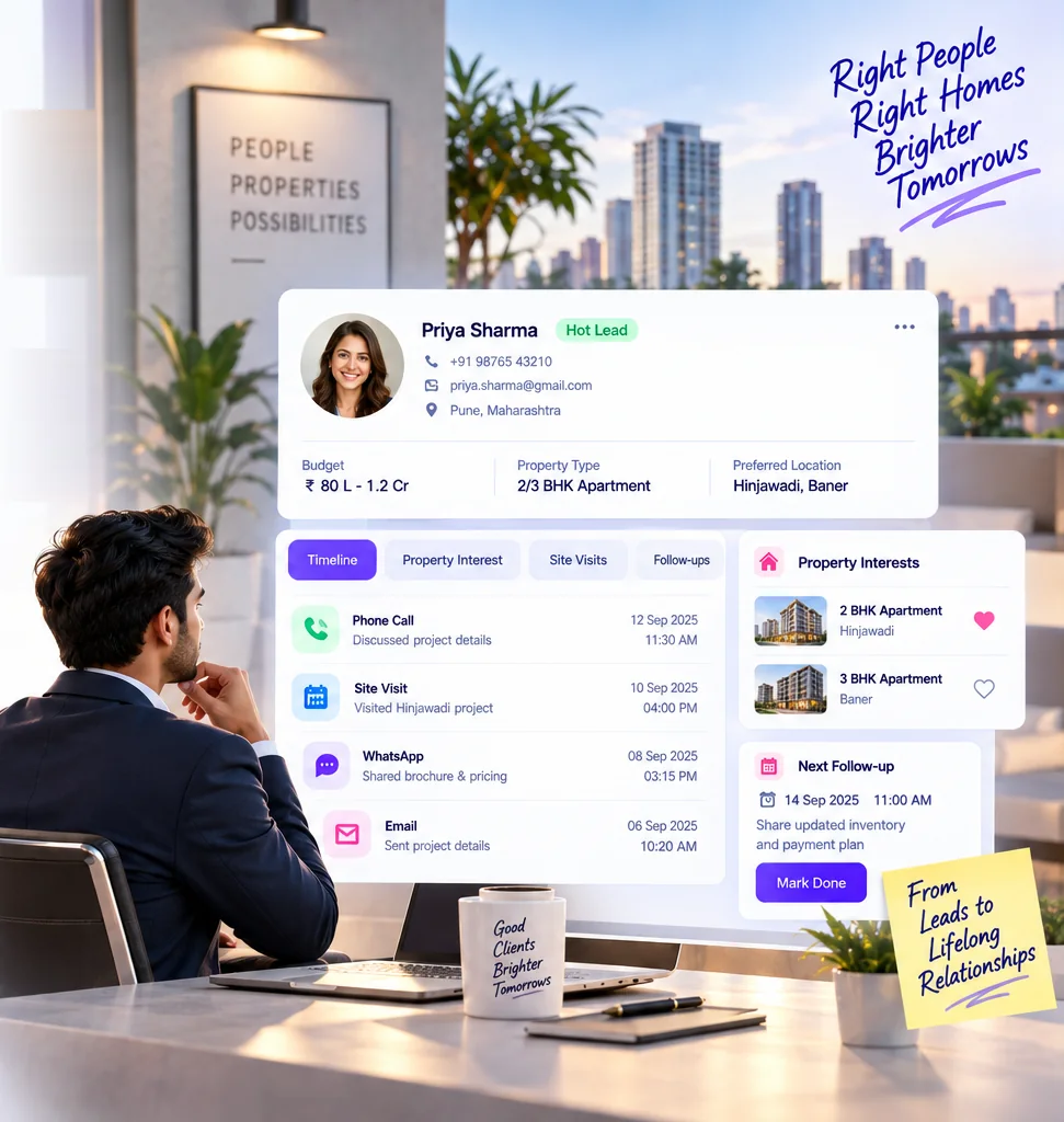 Buyer profile with budget, property type, preferred location, timeline of calls, site visits and next follow-up
