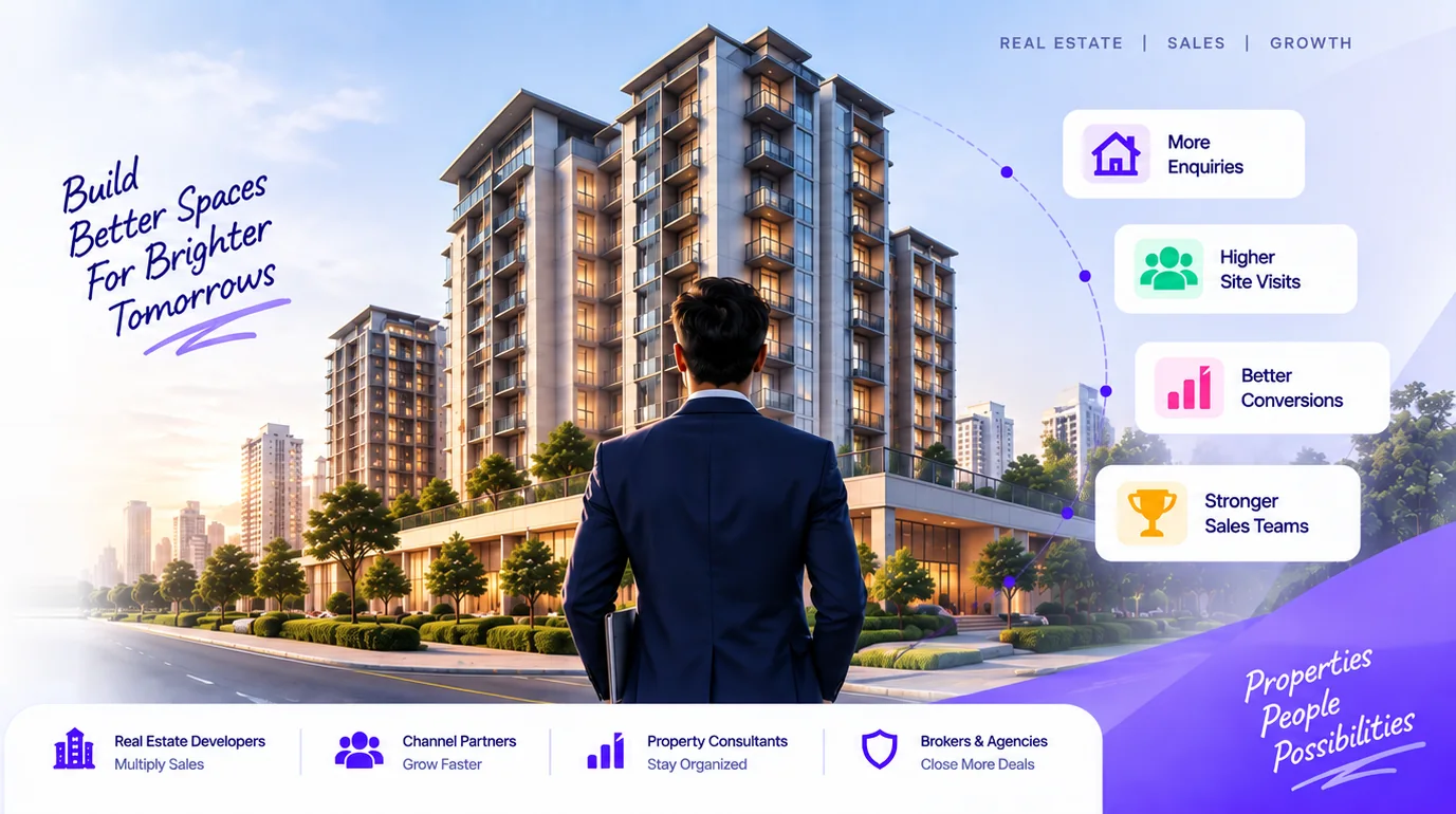 Real estate sales executive in front of a residential project with more enquiries, site visits and conversions